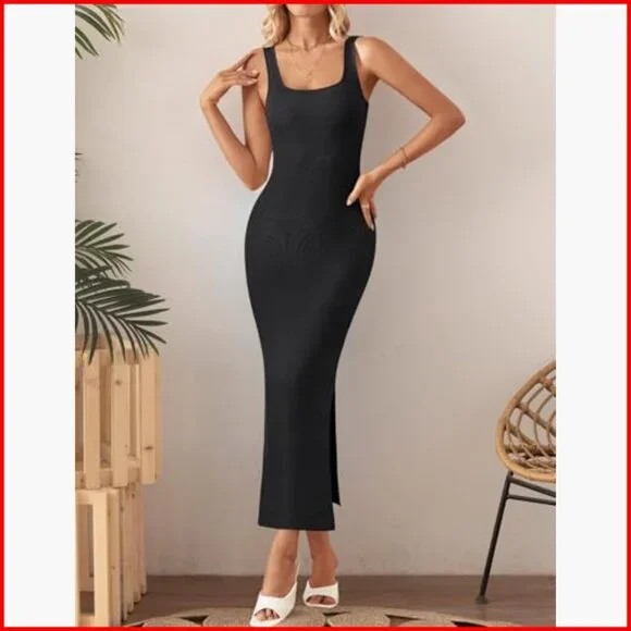 Sleeveless Square Neck Bodycon Midi Dress Side Slit Knit Casual - Picture 6 of 7